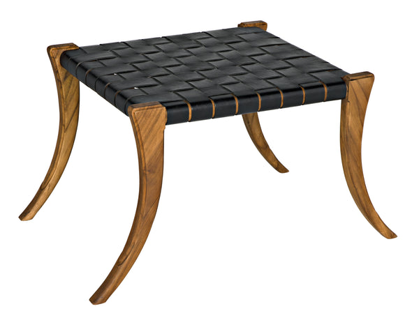 Sparti Teak Stool with Black Leather Weave and Clear Coat Finish