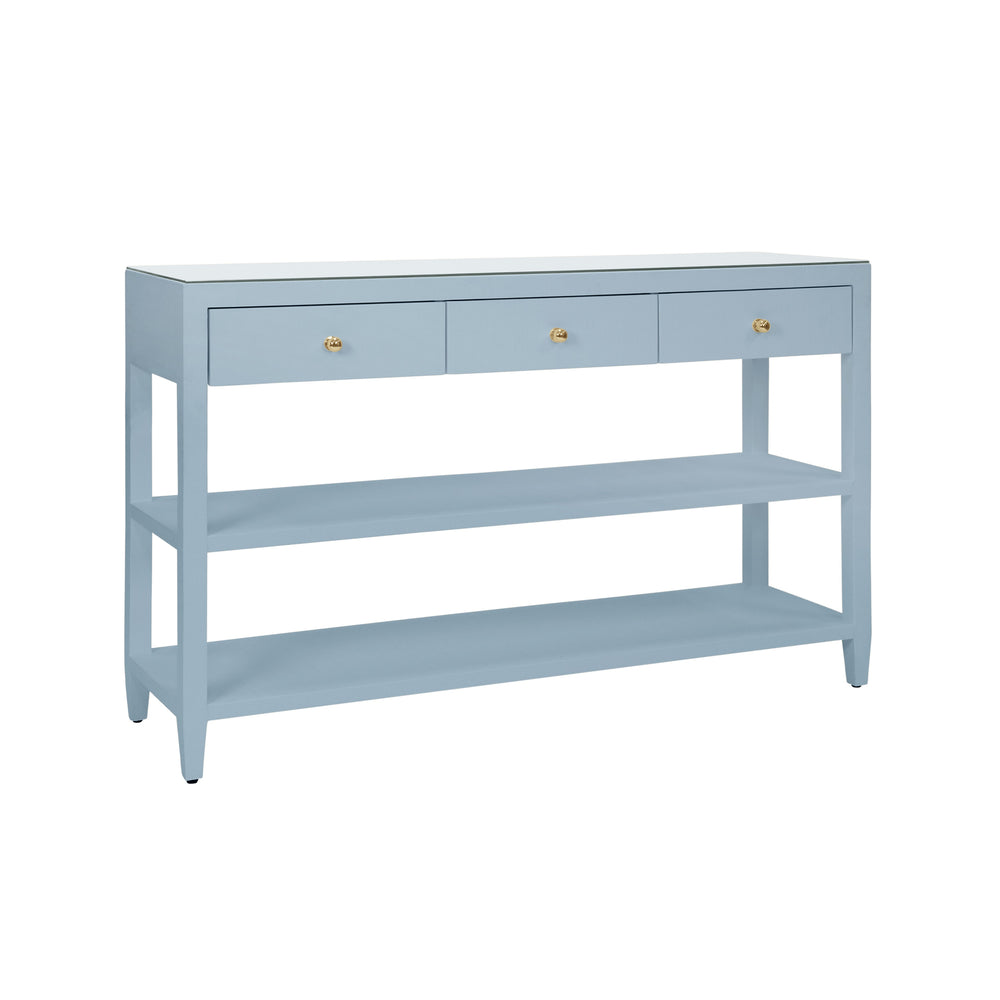 THREE DRAWER CONSOLE WITH TWO OPEN SHELVES IN TEXTURED LIGHT BLUE LINEN WITH POLISHED BRASS KNOBS