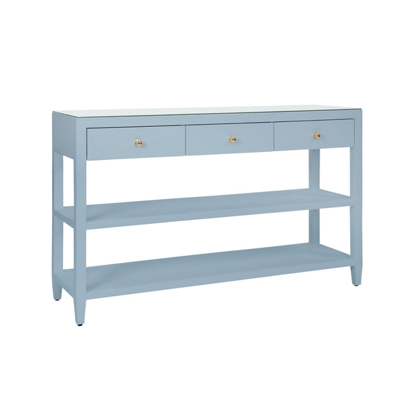 THREE DRAWER CONSOLE WITH TWO OPEN SHELVES IN TEXTURED LIGHT BLUE LINEN WITH POLISHED BRASS KNOBS