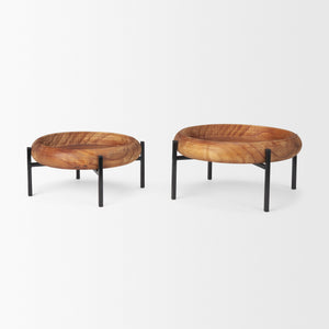 Wally Round Medium Brown Wood w/ Matte Black Metal Stand Trays