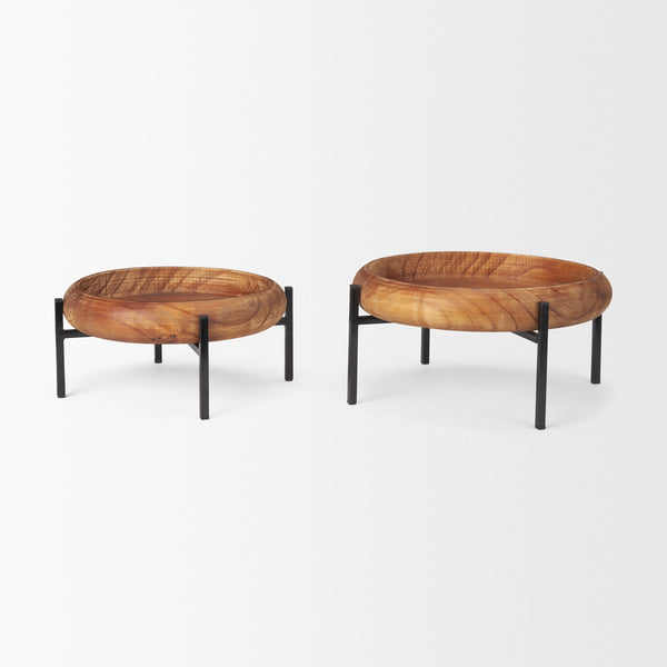 Wally Round Medium Brown Wood w/ Matte Black Metal Stand Trays