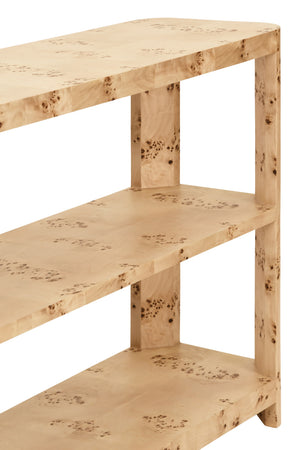 TIER TIER CONSOLE WITH CURVED CORNERS IN BURL WOOD