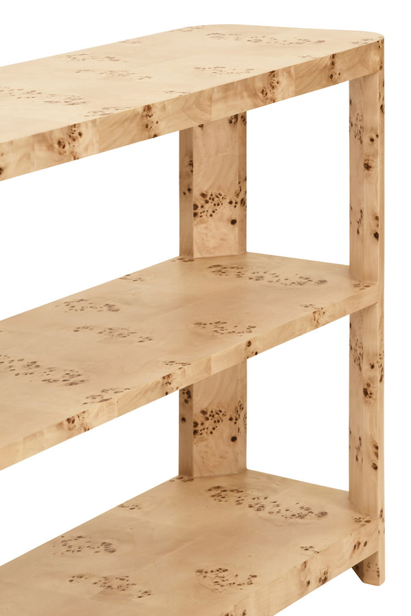 TIER TIER CONSOLE WITH CURVED CORNERS IN BURL WOOD