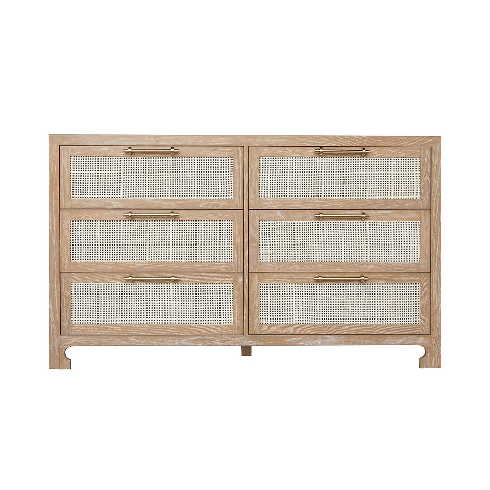 SIX DRAWER CANE FRONT CHEST WITH BRASS HARDWARE IN CERUSED OAK FINISH