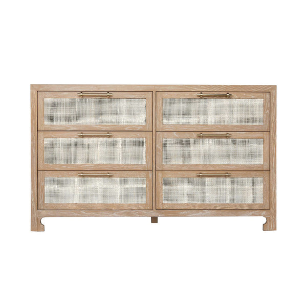 SIX DRAWER CANE FRONT CHEST WITH BRASS HARDWARE IN CERUSED OAK FINISH