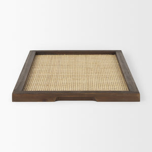 Silas Cane and Medium Brown Wood Rectangular Tray