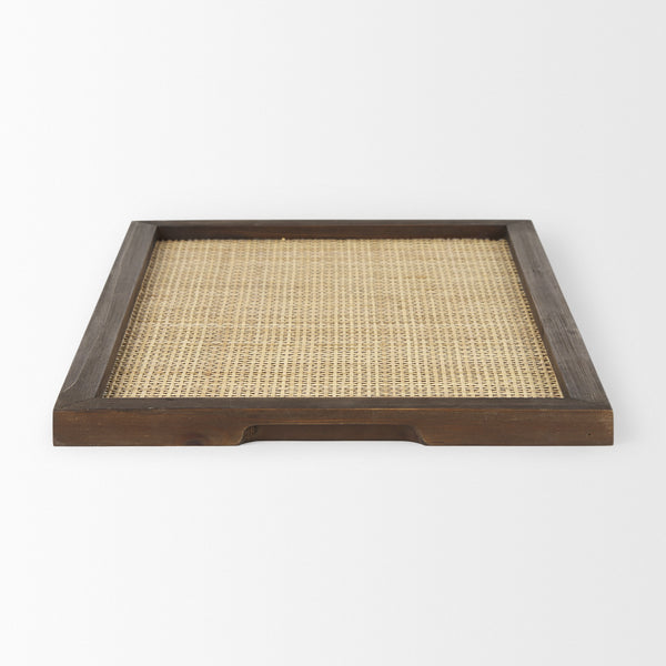 Silas Cane and Medium Brown Wood Rectangular Tray