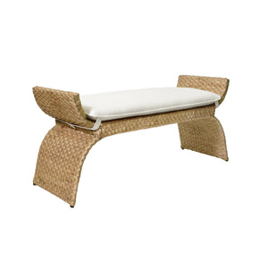 ARCHED BENCH IN WOVEN WATER HYACINTH WITH PERFORMANCE IVORY LINEN CUSHION