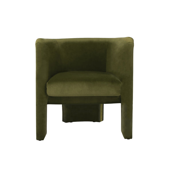 THREE LEG FULLY UPHOLSTERED BARREL CHAIR IN OLIVE VELVET