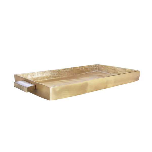 CAST METAL TRAY IN ANTIQUE BRASS FINISH WITH AGATE HANDLES