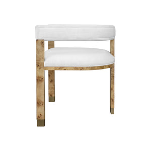 MODERN CHAIR IN BURL WOOD WITH WHITE LINEN UPHOLSTERY