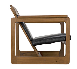 Buraco Teak Relax Chair with Gloss Finish and Black Leather Upholstery