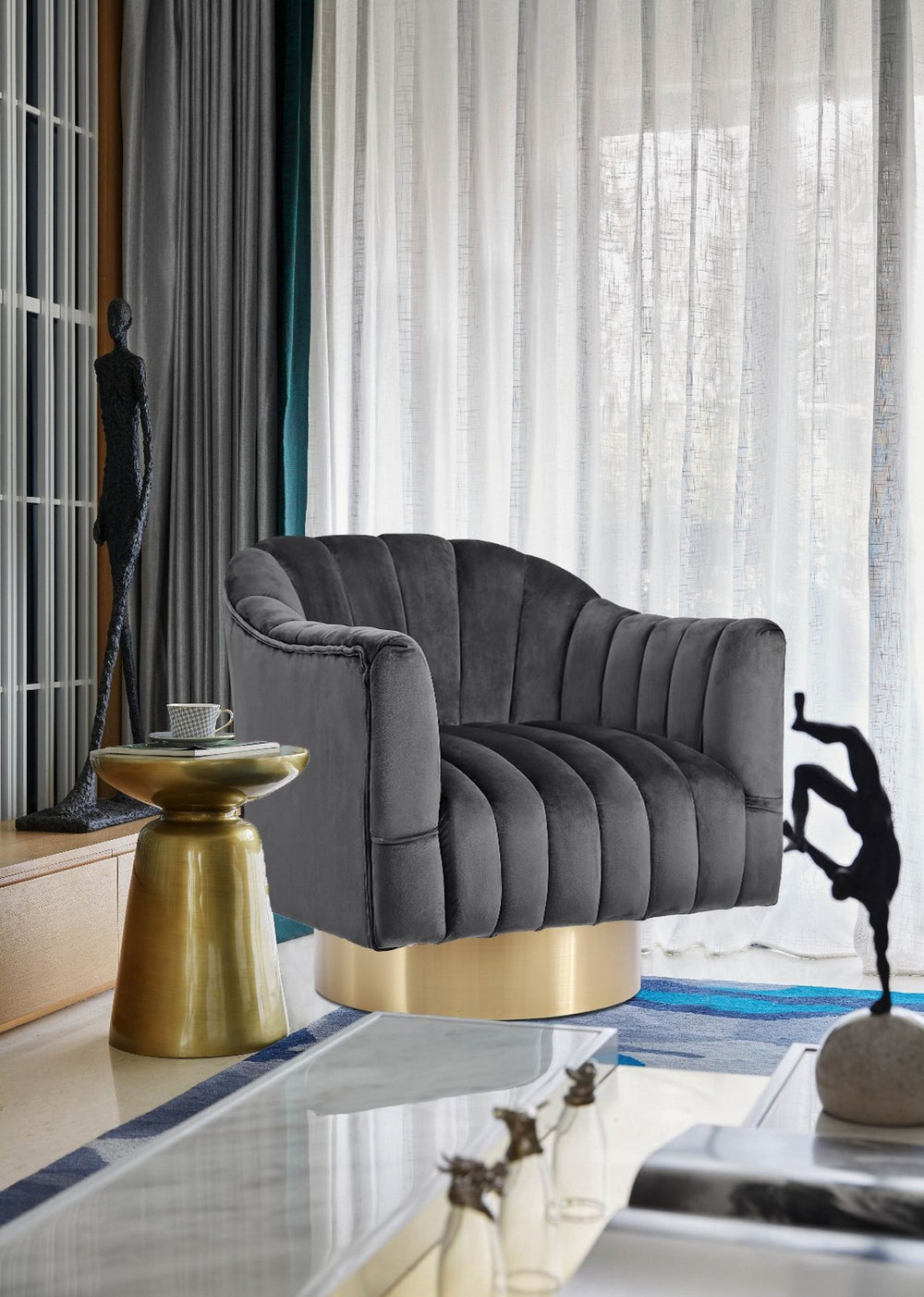 Noel Accent Chair In Grey Velvet And Gold Swivel Base