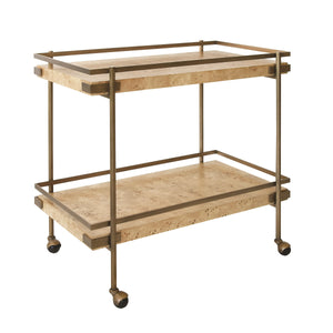 ANTIQUE BRASS BAR CART WITH SHELVES IN BURL WOOD