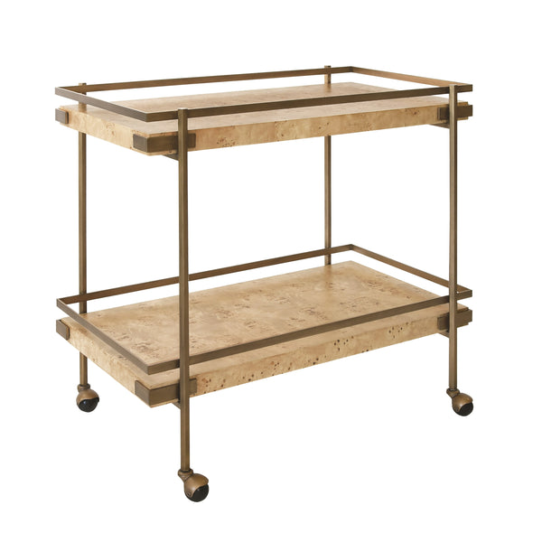 ANTIQUE BRASS BAR CART WITH SHELVES IN BURL WOOD