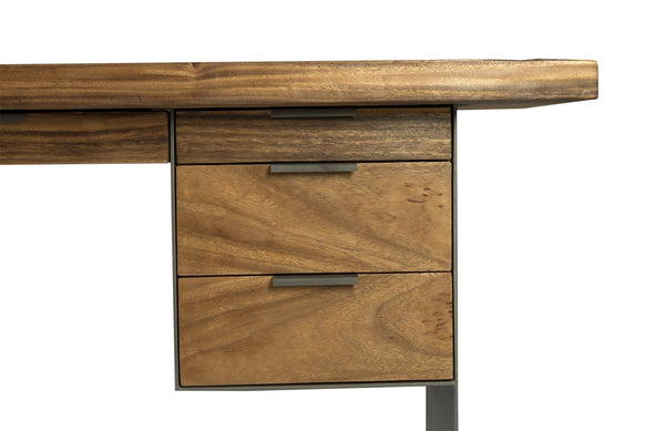Iron Frame Standing Desk with Drawers, Chamcha Wood, Natural, Bar Height 