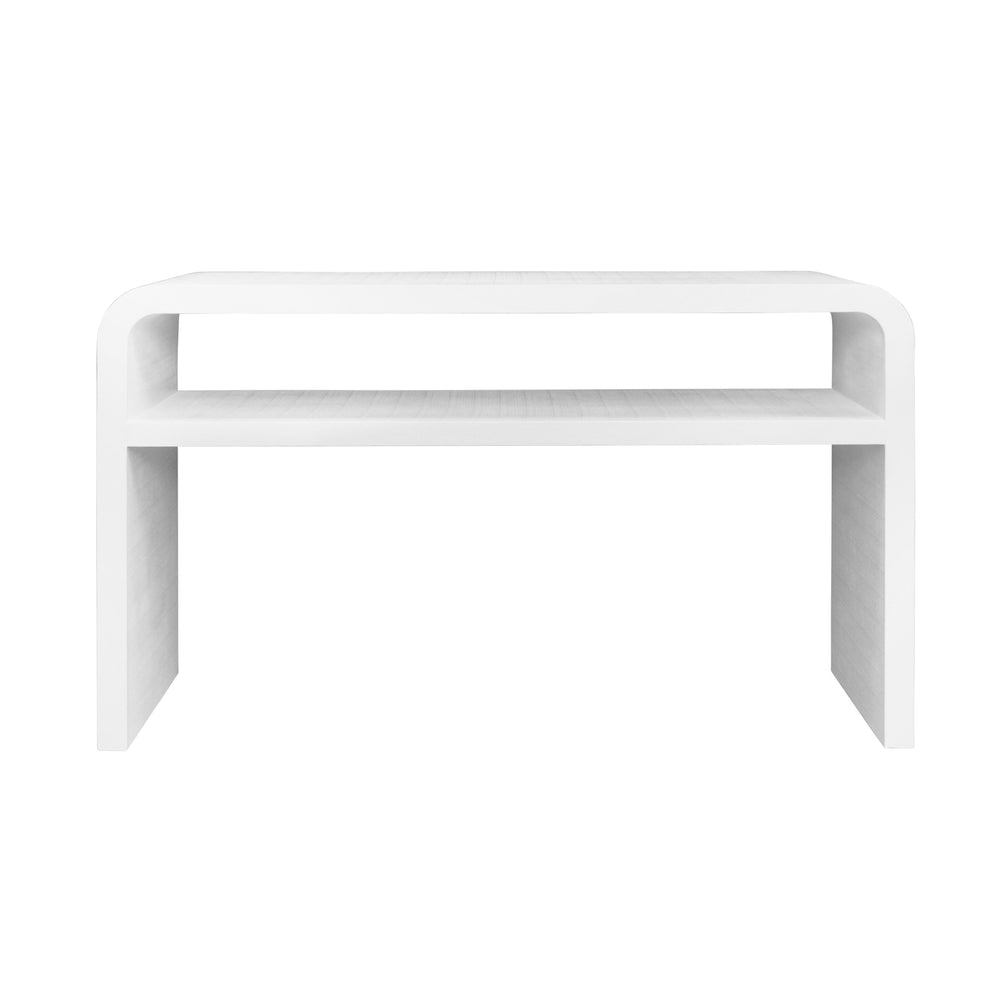 WATERFALL EDGE TWO TIER CONSOLE TABLE IN TEXTURED WHITE LINEN