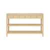 THREE DRAWER CONSOLE WITH TWO OPEN SHELVES IN NATURAL GRASSCLOTH WITH POLISHED BRASS KNOBS