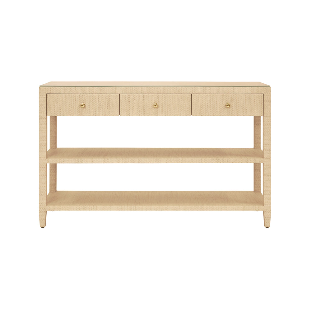 THREE DRAWER CONSOLE WITH TWO OPEN SHELVES IN NATURAL GRASSCLOTH WITH POLISHED BRASS KNOBS
