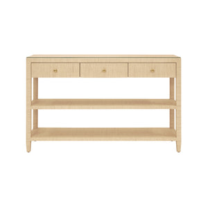 THREE DRAWER CONSOLE WITH TWO OPEN SHELVES IN NATURAL GRASSCLOTH WITH POLISHED BRASS KNOBS
