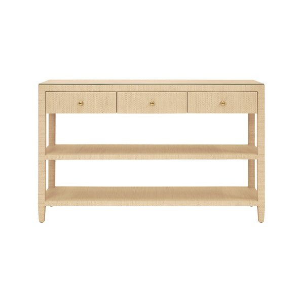 THREE DRAWER CONSOLE WITH TWO OPEN SHELVES IN NATURAL GRASSCLOTH WITH POLISHED BRASS KNOBS