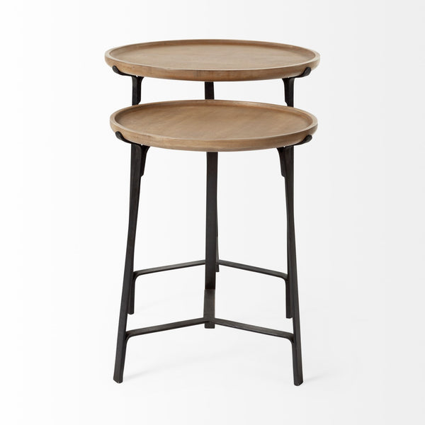 Helios III 20L x 24H Set of Two Round Brown Solid Wood Iron Base Nesting End/Side Tables