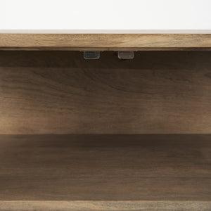 Arelius 36L x 18W x 32H Light Brown Wood, Black Metal Base w/ 2 Glass Doors Accent Cabinet