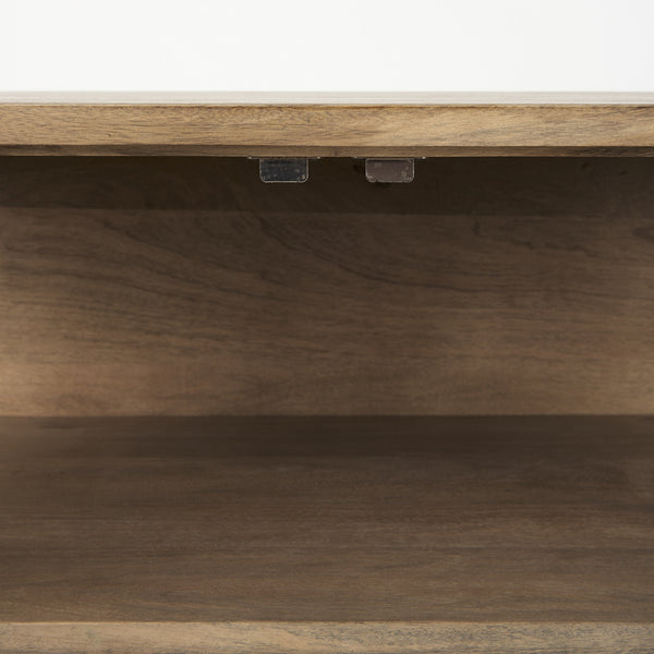 Arelius 36L x 18W x 32H Light Brown Wood, Black Metal Base w/ 2 Glass Doors Accent Cabinet