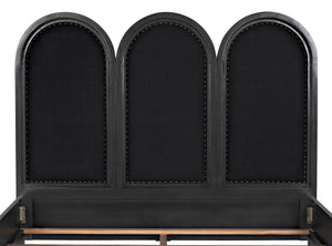 Arch Eastern King Bed in Pale Mahogany with Black Cotton Upholstery and Brass Nailhead Accents