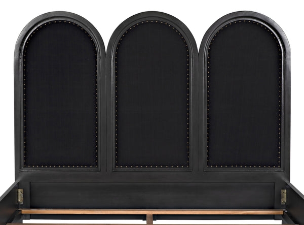 Arch Eastern King Bed in Pale Mahogany with Black Cotton Upholstery and Brass Nailhead Accents