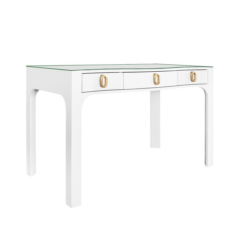 CURVED FRONT DESK WITH THREE DRAWERS IN WHITE TEXTURED LINEN WITH SATIN BRASS RING HARDWARE AND GLASS TOP