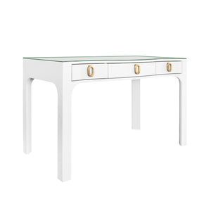 CURVED FRONT DESK WITH THREE DRAWERS IN WHITE TEXTURED LINEN WITH SATIN BRASS RING HARDWARE AND GLASS TOP