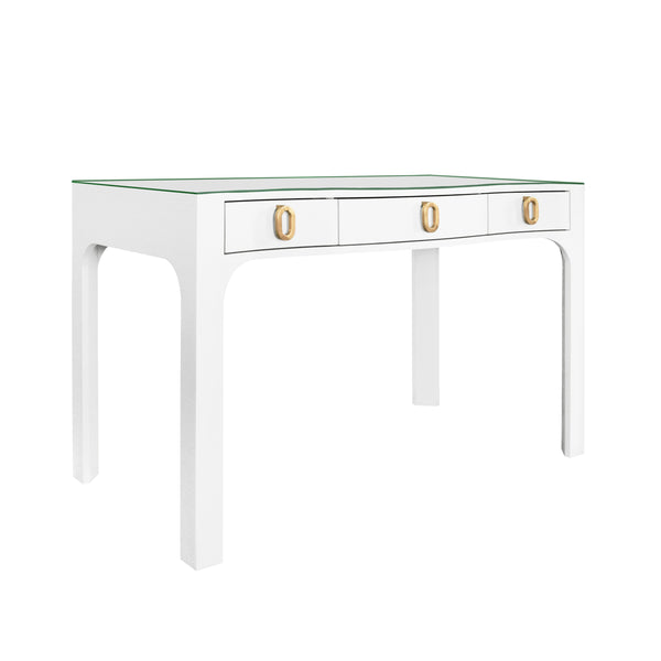 CURVED FRONT DESK WITH THREE DRAWERS IN WHITE TEXTURED LINEN WITH SATIN BRASS RING HARDWARE AND GLASS TOP