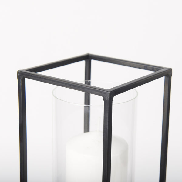 Cindy Set of 2 Matte Black Metal and Hurricane Glass Pillar Tabletop Candle Holders