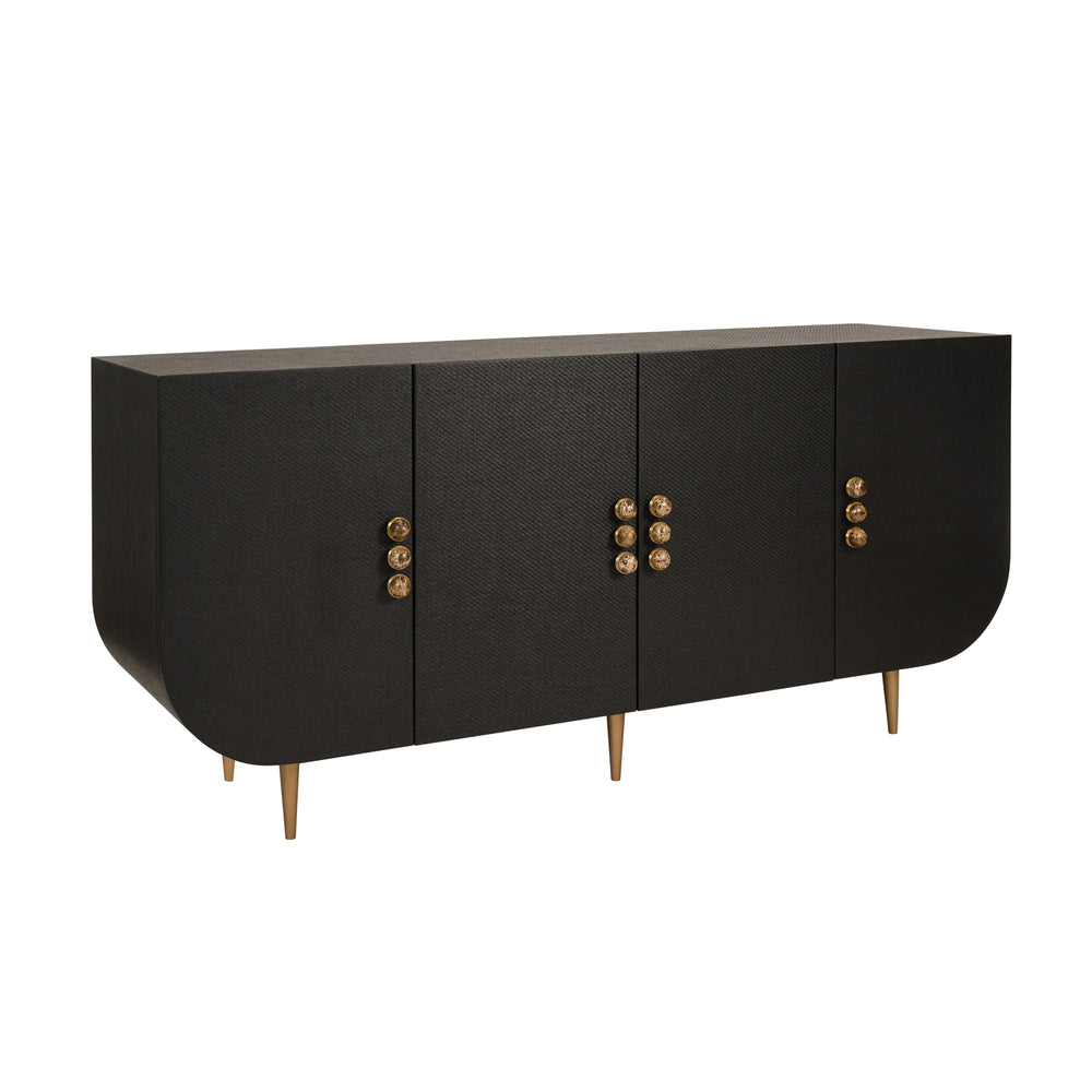 FOUR DOOR BUFFET WITH CURVED BOTTOM CORNERS AND STONE HARDWARE IN BLACK PAINTED GRASSCLOTH