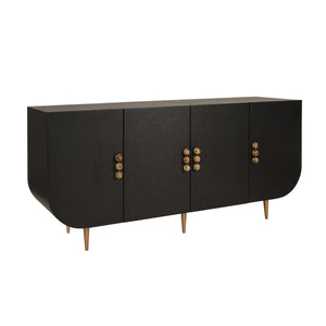 FOUR DOOR BUFFET WITH CURVED BOTTOM CORNERS AND STONE HARDWARE IN BLACK PAINTED GRASSCLOTH
