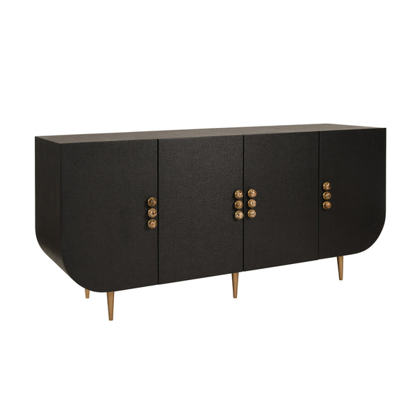 FOUR DOOR BUFFET WITH CURVED BOTTOM CORNERS AND STONE HARDWARE IN BLACK PAINTED GRASSCLOTH
