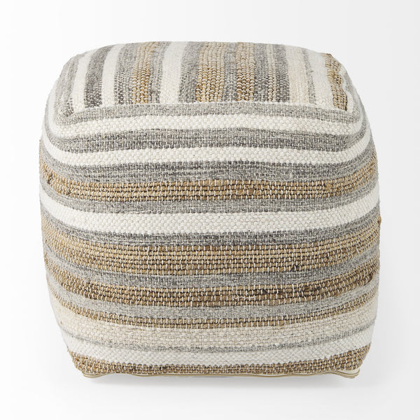 Aahana 16.0L x 16.0W x 16.0H White/Taupe/Gray Striped Hemp and Cotton Pouf