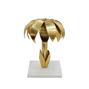 IRON PALM TREE CANDLE HOLDER IN GOLD LEAF FINISH ON WHITE MARBLE BASE