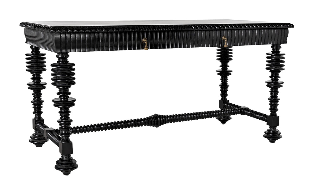 Portuguese Small Desk in Hand-Rubbed Black Mahogany with Brass Pulls