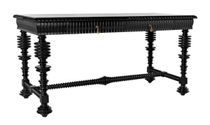 Portuguese Small Desk in Hand-Rubbed Black Mahogany with Brass Pulls