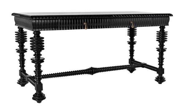 Portuguese Small Desk in Hand-Rubbed Black Mahogany with Brass Pulls