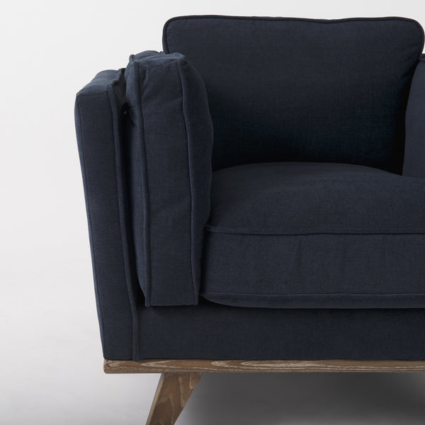 Brooks 41.7L x 34.8W x 33.5H Navy Blue Fabric Chair W/ Medium Brown Wooden Legs