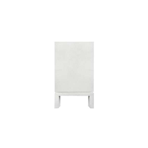 FOUR DOOR BUFFET WITH LARGE BRASS SQUARE HARDWARE IN WHITE TEXTURED LINEN