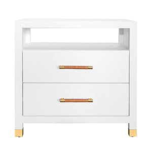 TWO DRAWER SIDE TABLE WITH RATTAN WRAPPED HANDLES IN MATTE WHITE LACQUER