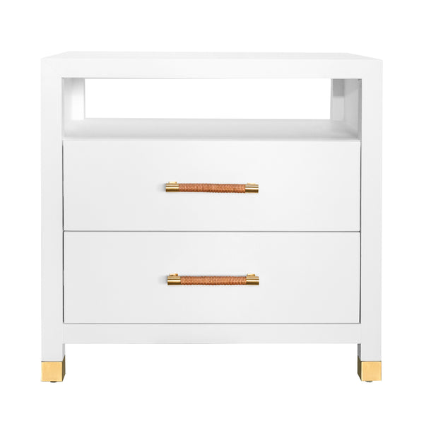 TWO DRAWER SIDE TABLE WITH RATTAN WRAPPED HANDLES IN MATTE WHITE LACQUER