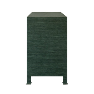 THREE DRAWER CHEST WITH ANTIQUE BRASS CIRCLE HARDWARE IN DYED GREEN GRASSCLOTH