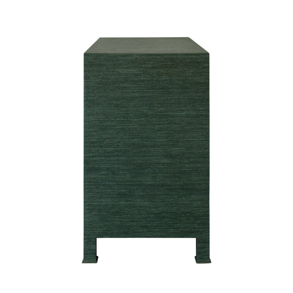 THREE DRAWER CHEST WITH ANTIQUE BRASS CIRCLE HARDWARE IN DYED GREEN GRASSCLOTH