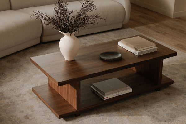 Miri Coffee Table in Walnut with Open-Shelf Design