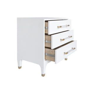 THREE DRAWER SIDE TABLE IN TEXTURED WHITE LINEN WITH ANTIQUE BRASS AND ACRYLIC HARDWARE